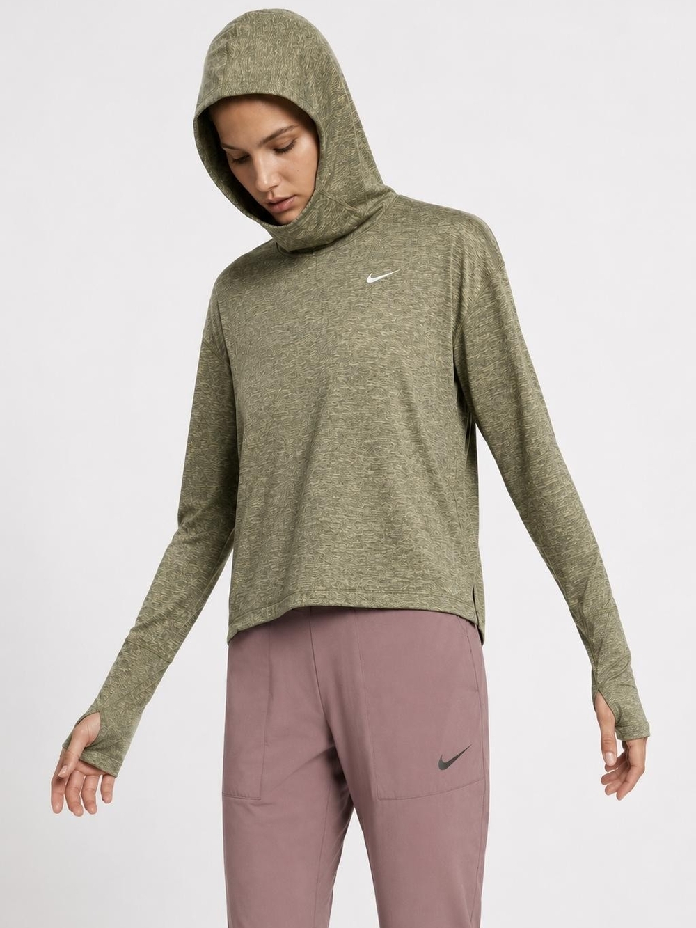 Nike Hoodie Womens Small Green Lightweight Dri-FIT Running Pullover Shirt Logo